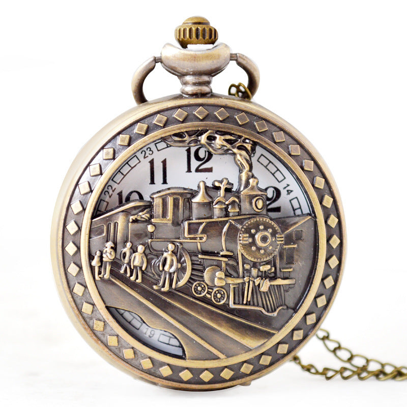Hollow Train Head Large Classic Version Nostalgic Quartz Pocket Watch