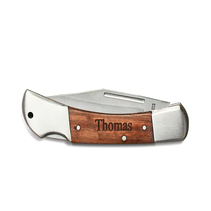 Wood Handled Locking Blade Pocket Knife – Monogram Engraved