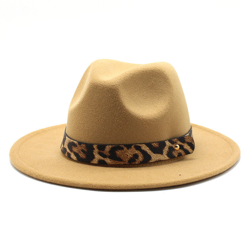 Men&#39;s Fashion Leopard Print Woolen Big Brim Top Hat