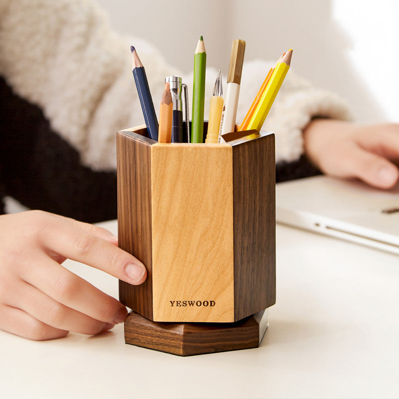 Solid Wood Large-capacity Hexagonal Rotating Pen Holder Storage Box