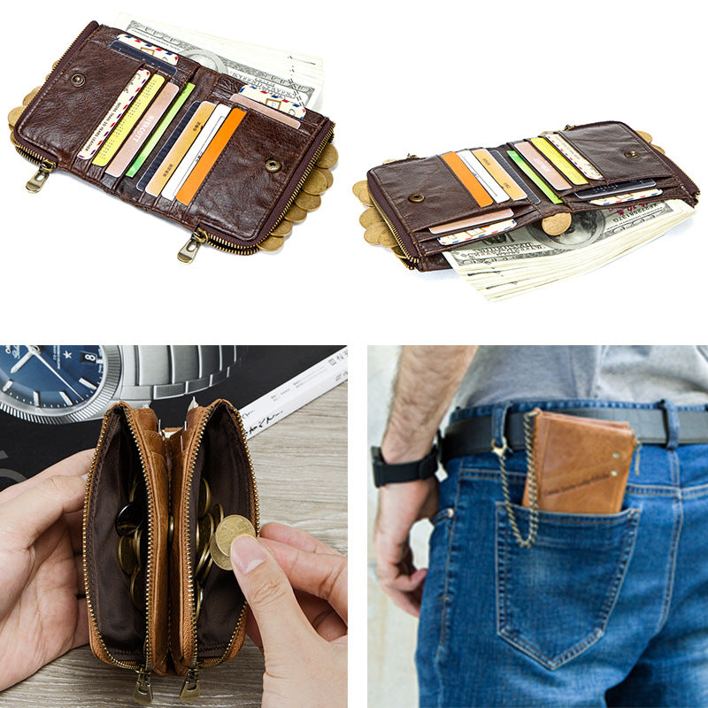 Multifunctional Double Zipper Top Layer Cowhide Coin Purse Men&#39;s Bag