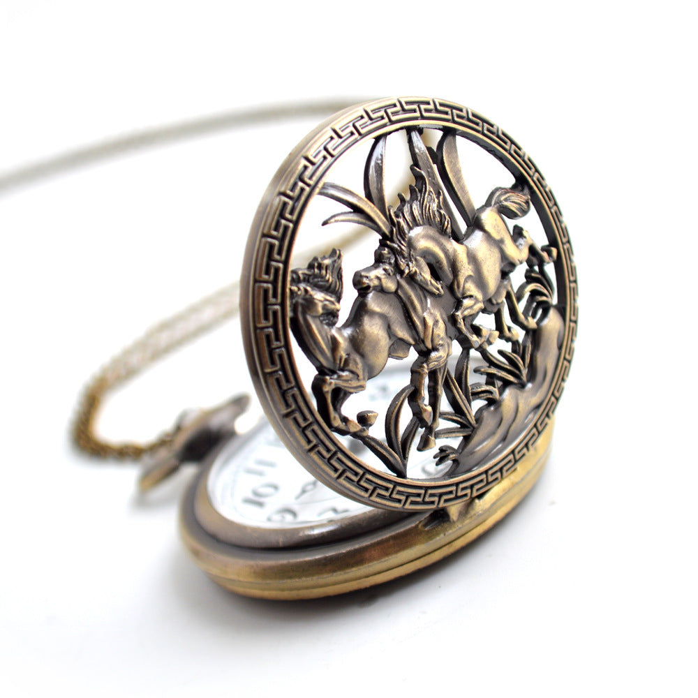 Men&#39;s Three Horses Skeleton Quartz Pocket Watch