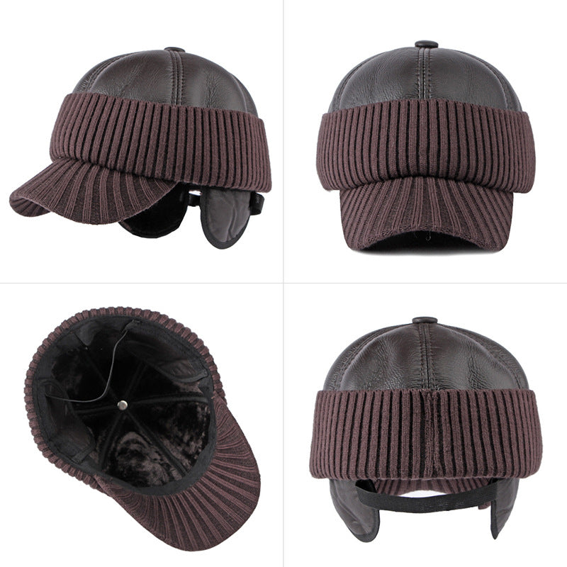 Men&#39;s Winter Leather Earflaps Warm PU Thickened Baseball Cap Hat