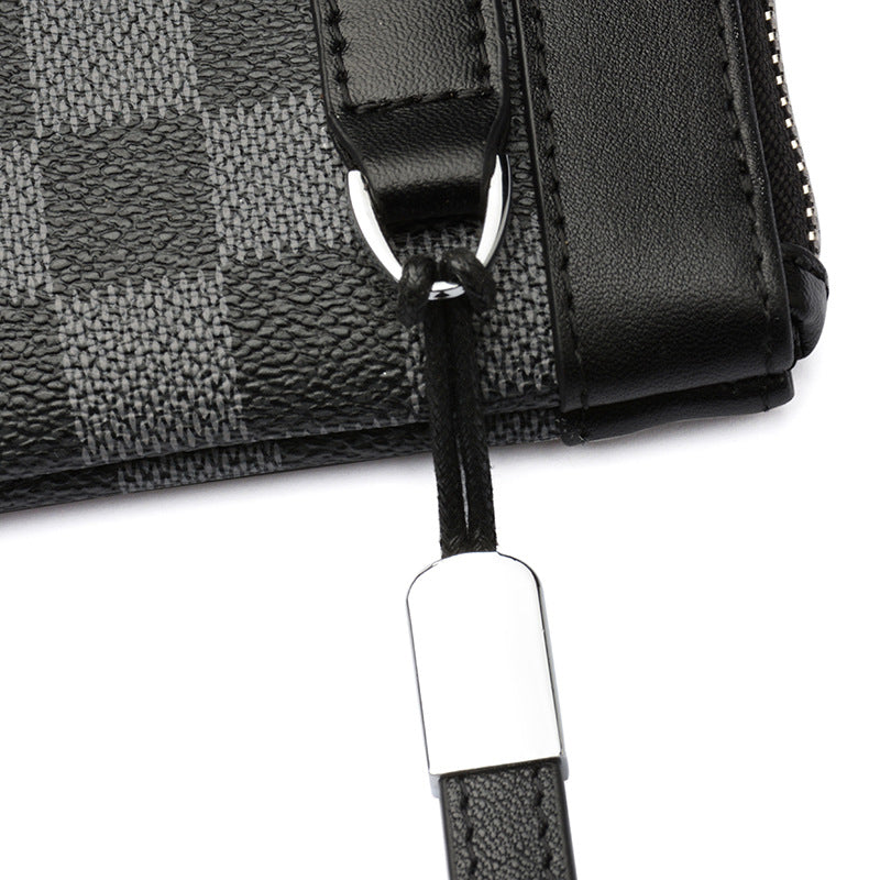 Men&#39;s Leather Plaid Clutch Top Layer Cowhide Wallet