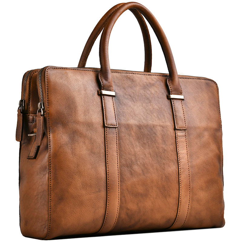 Vintage Vegetable Tanned Leather Men&#39;s First Layer Cowhide Casual Business Handbag