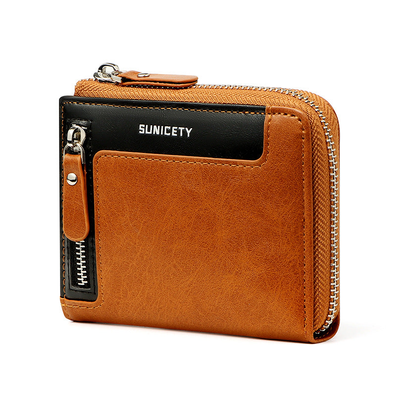 Men&#39;s Short Fashion Leather Zipper RFID Wallet