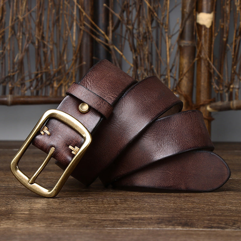Men&#39;s Cowhide Vintage Distressed Pleated Brass Buckle Belt