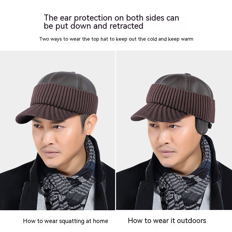 Men&#39;s Winter Leather Earflaps Warm PU Thickened Baseball Cap Hat