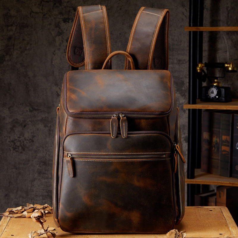 Cowhide Vintage Backpack Men&#39;s Leather Outdoor Travel Backpack Computer Bag