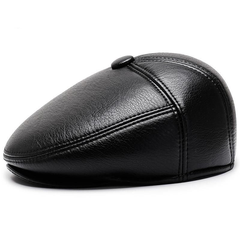 Grandpa Leather Hat Men&#39;s Autumn And Winter Fleece-lined Warm Leisure PU Ears Protection Peaked Cap