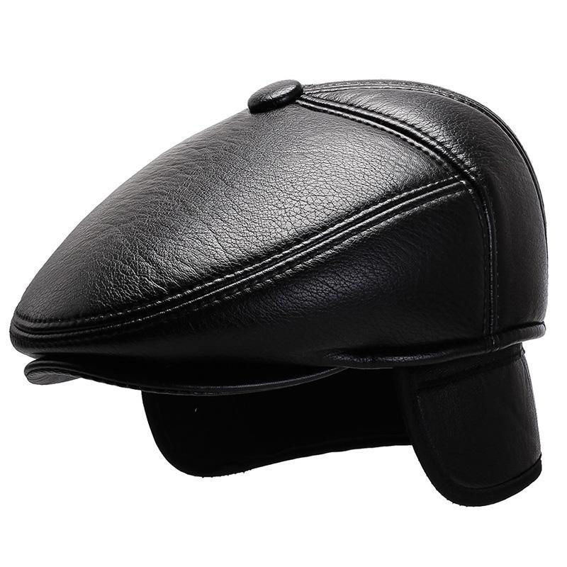 Grandpa Leather Hat Men&#39;s Autumn And Winter Fleece-lined Warm Leisure PU Ears Protection Peaked Cap