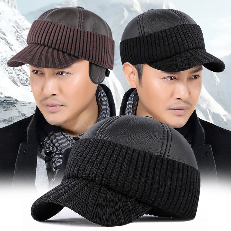 Men&#39;s Winter Leather Earflaps Warm PU Thickened Baseball Cap Hat