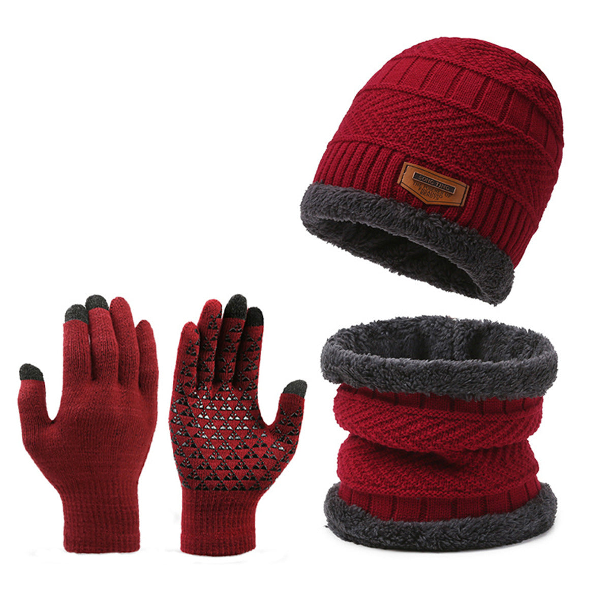 Men&#39;s Winter Scarf Gloves Three-piece Set Fleece-lined Warm Knitted Hat