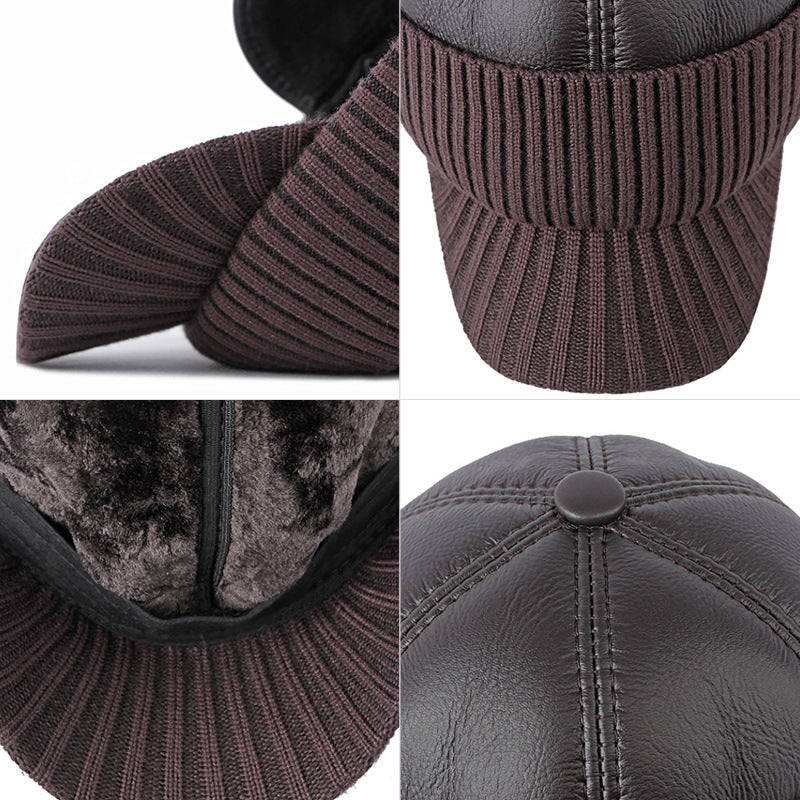 Men&#39;s Winter Leather Earflaps Warm PU Thickened Baseball Cap Hat
