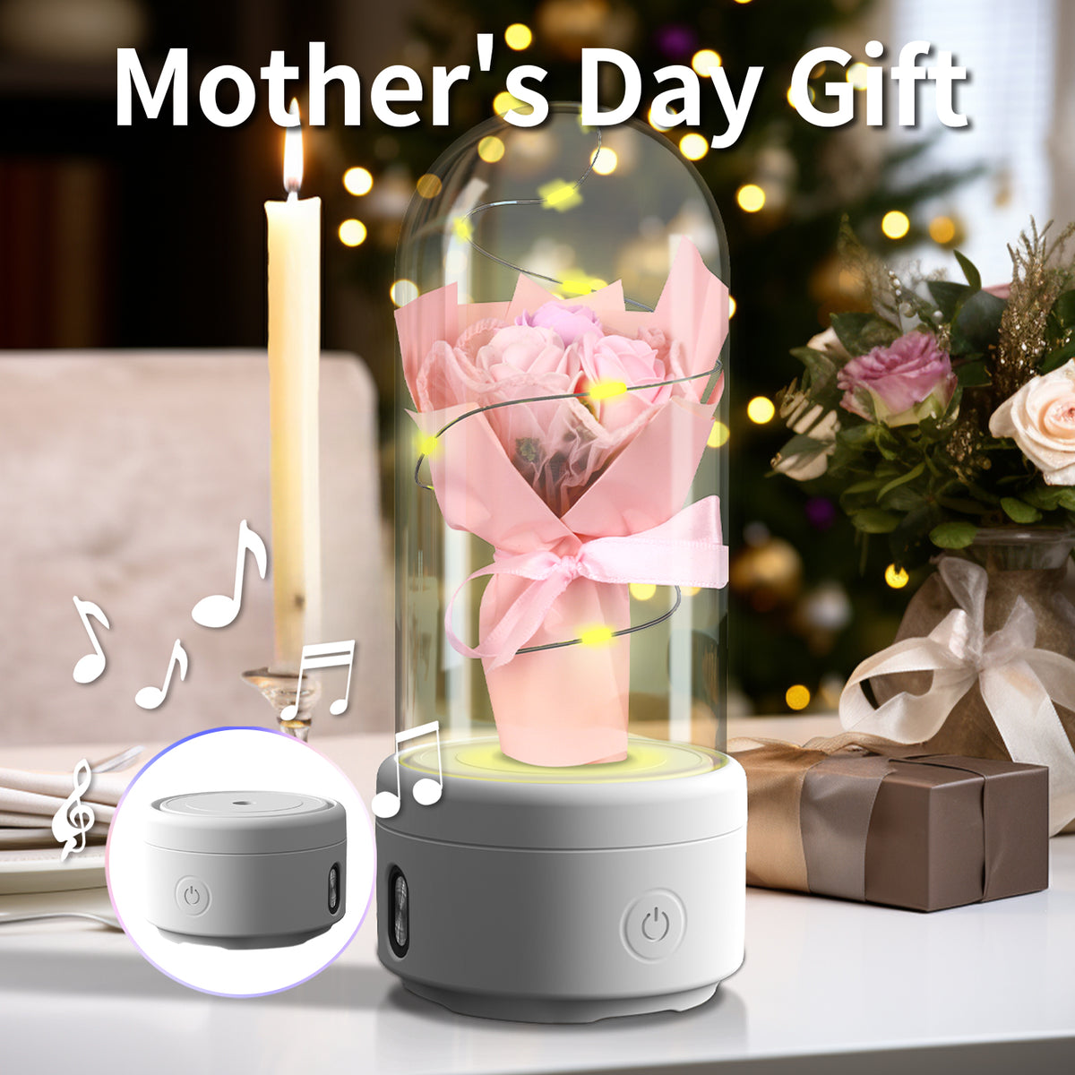 Creative 2 In 1 Bouquet LED Light And Bluetooth Speaker Mother&#39;s Day Gift Rose Luminous Night Light Ornament In Glass Cover