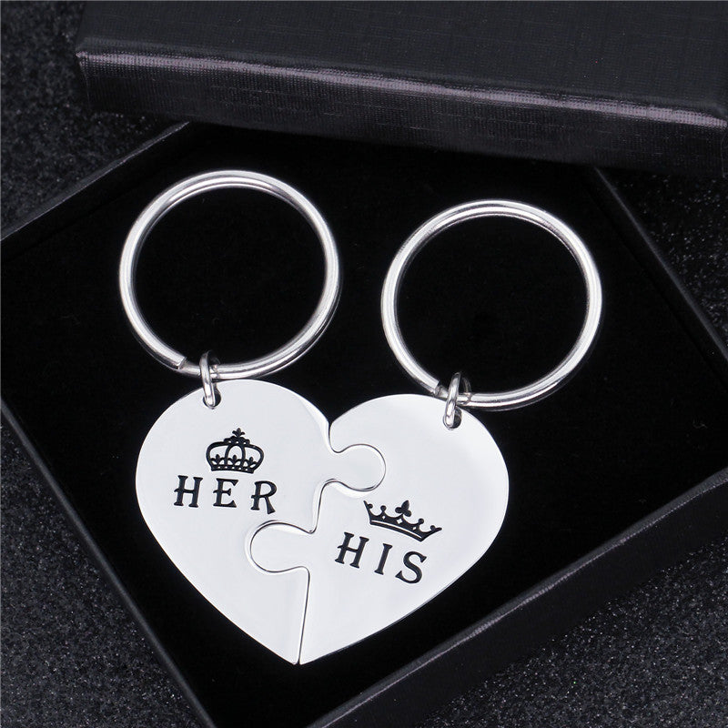 Couple Peach Heart Puzzle HIS HER Titanium Steel Keychain