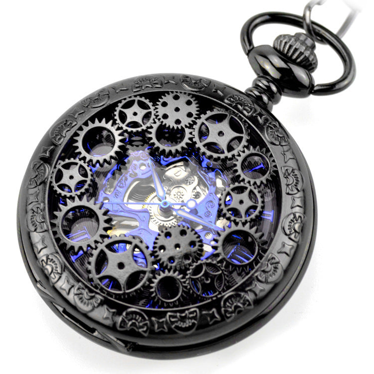 Gear Gun Black Mechanical Pocket Watch Vintage Flip Denim Chain Hollow Pocket Watch Men&#39;s And Ladies&#39; Watches
