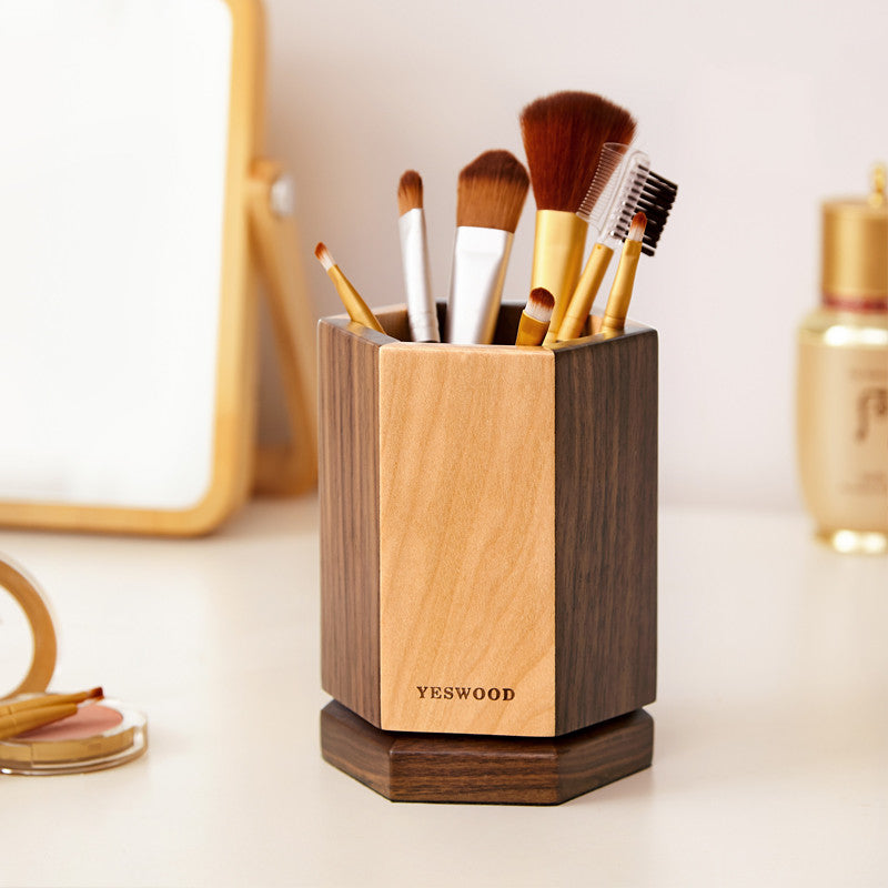 Solid Wood Large-capacity Hexagonal Rotating Pen Holder Storage Box
