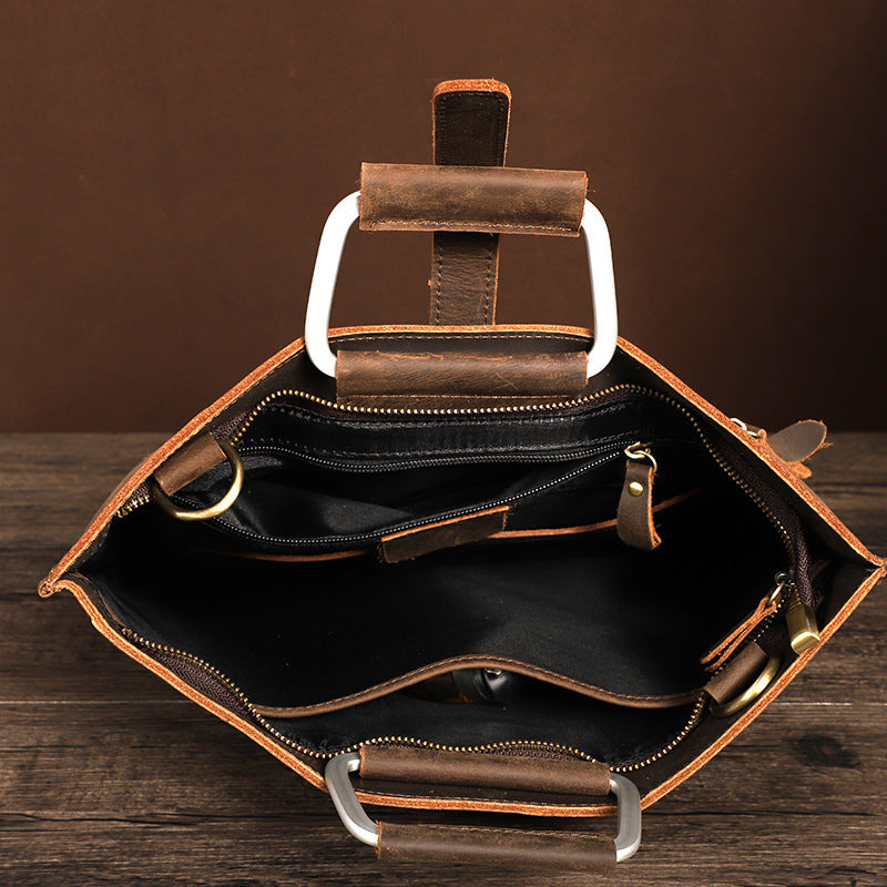 Crazy Horse Leather Retro Men&#39;s First Layer Cowhide Portable Briefcase