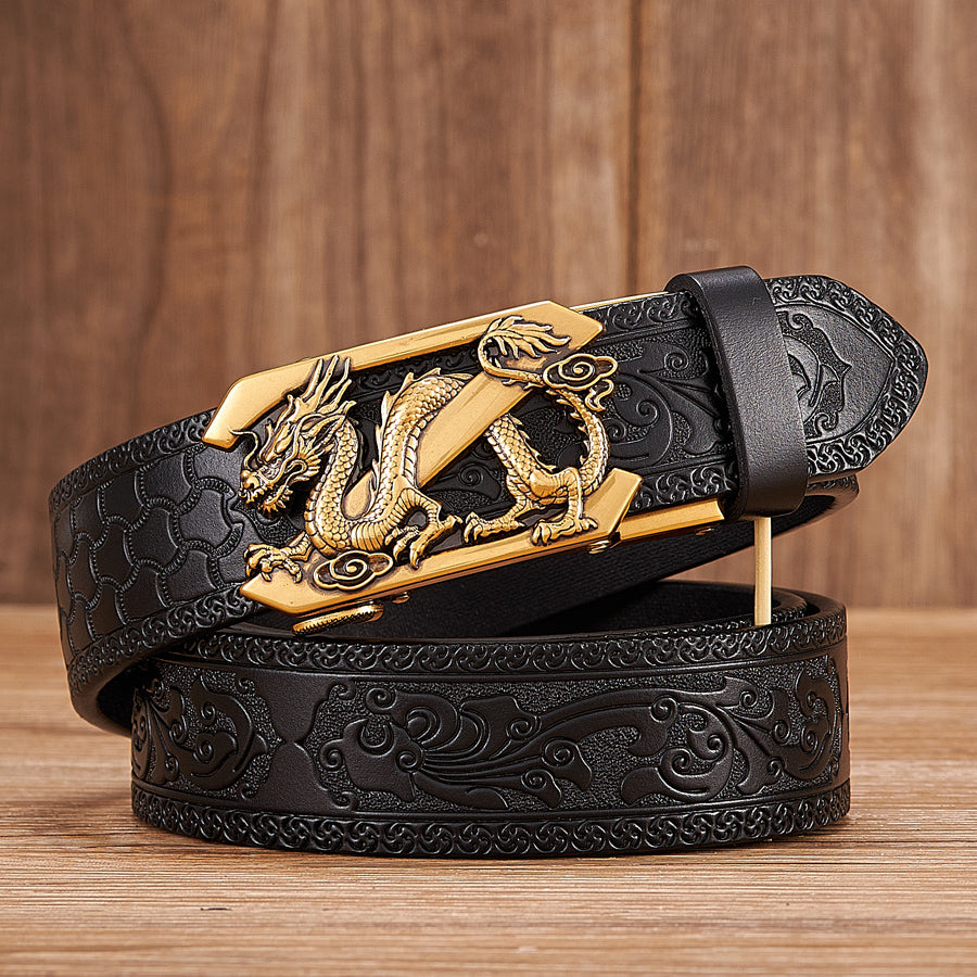 Men&#39;s Dragon Automatic Buckle Two-layer Cow Leather Embossed Belt