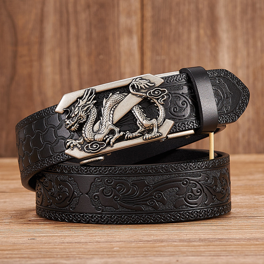 Men&#39;s Dragon Automatic Buckle Two-layer Cow Leather Embossed Belt