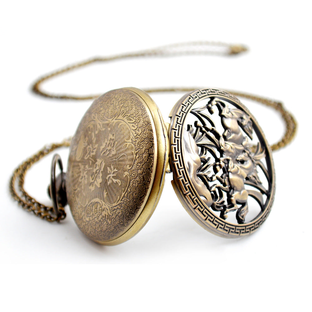 Men&#39;s Three Horses Skeleton Quartz Pocket Watch