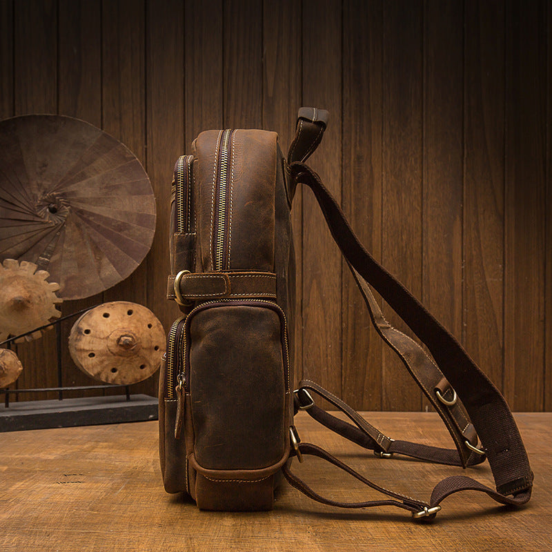 Leather Wide Shoulder Strap Travel Cowhide Backpack