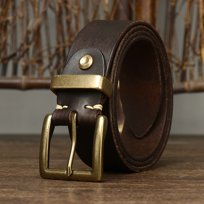 Retro Style Belt Men&#39;s Genuine Cattlehide Leather Surface Brass Buckle Denim Overalls Belt