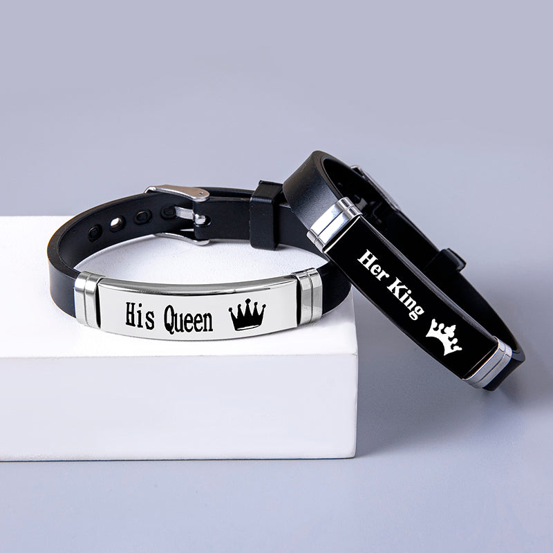 Crown Her King His Queen Stainless Steel Silicone Couple Bracelet Bangle