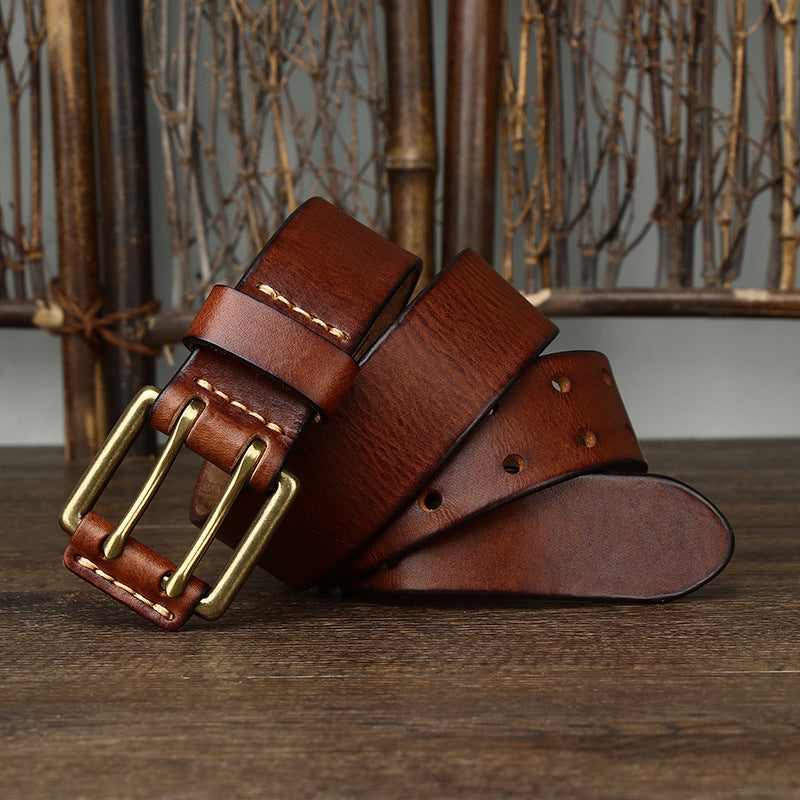 Men&#39;s First Layer Cowhide Vintage Brass Buckle Belt