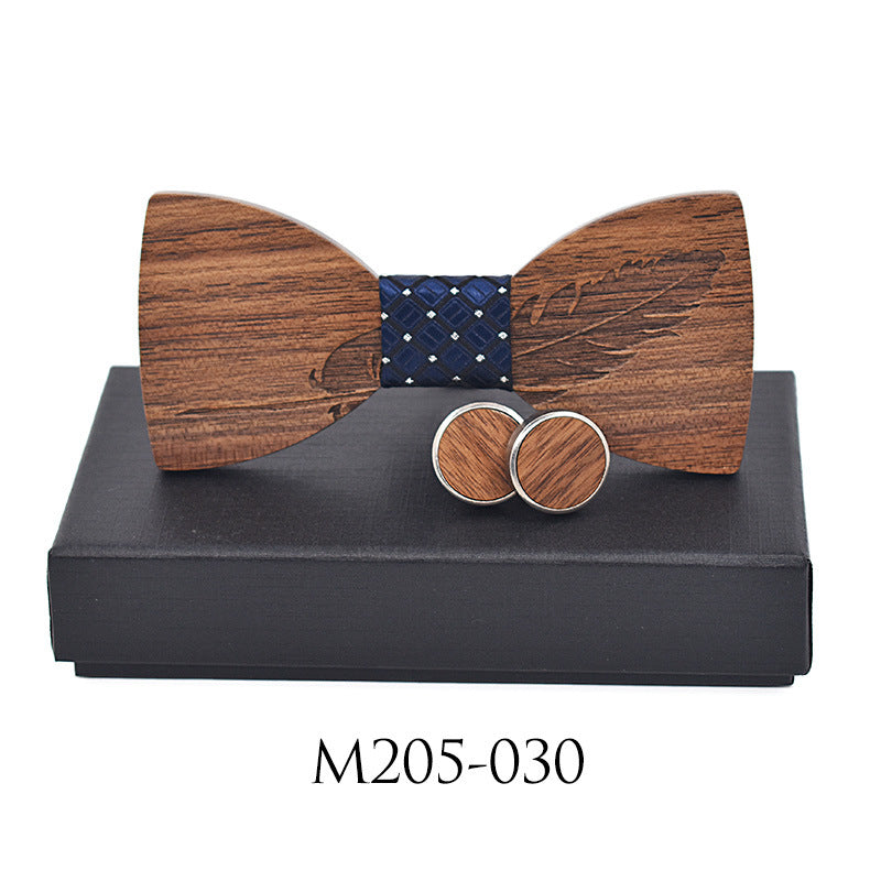 Business Leisure Feather Carving Wooden Tie Cuff Buckle Set