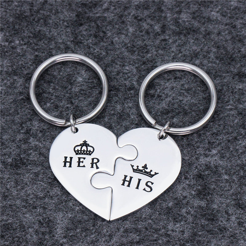 Couple Peach Heart Puzzle HIS HER Titanium Steel Keychain