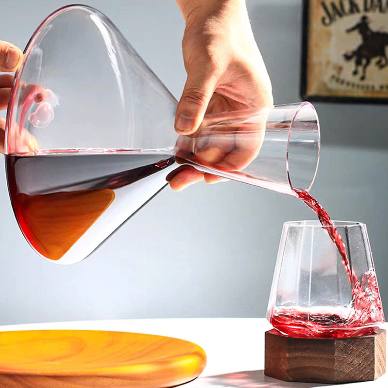 Rotating Decanter Vintage Crystal Top Wine Dispenser With Wooden Holder