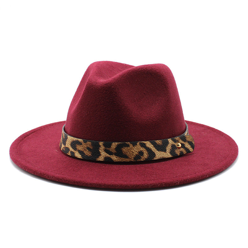 Men&#39;s Fashion Leopard Print Woolen Big Brim Top Hat