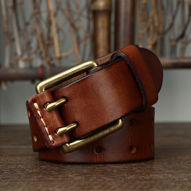 Men&#39;s First Layer Cowhide Vintage Brass Buckle Belt