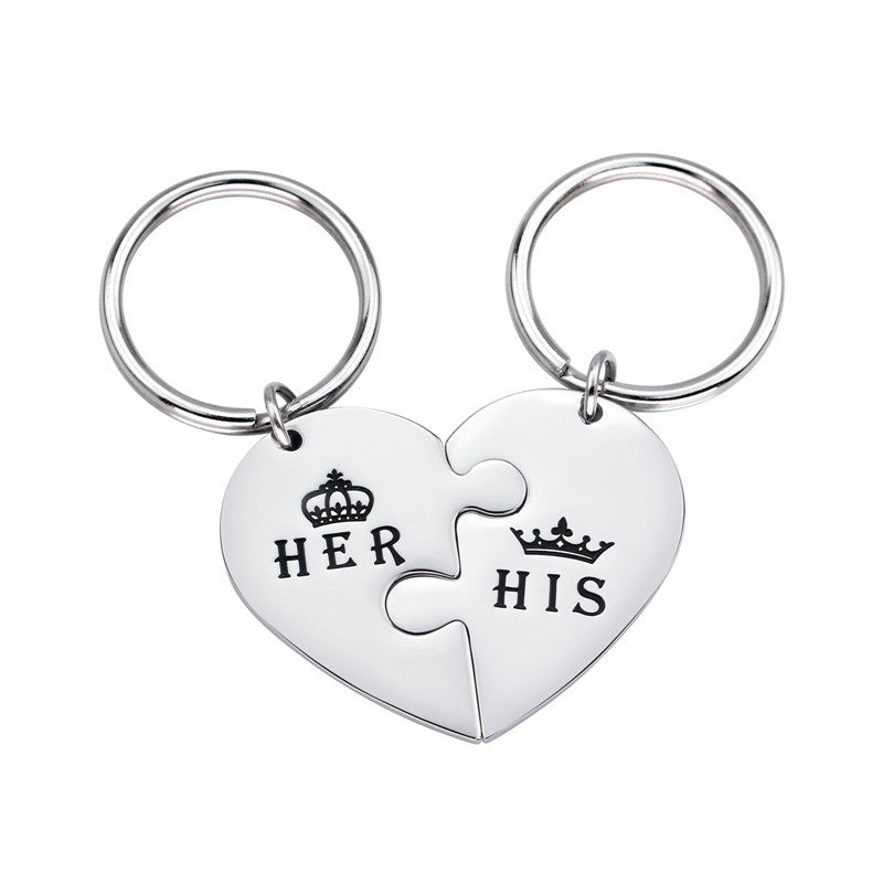 Couple Peach Heart Puzzle HIS HER Titanium Steel Keychain