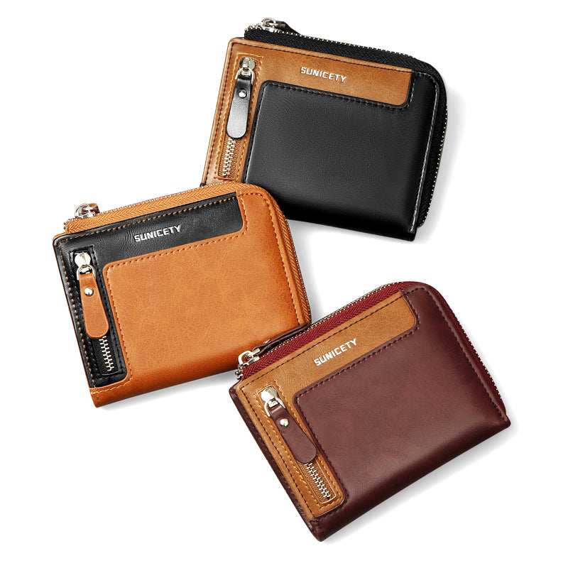 Men&#39;s Short Fashion Leather Zipper RFID Wallet