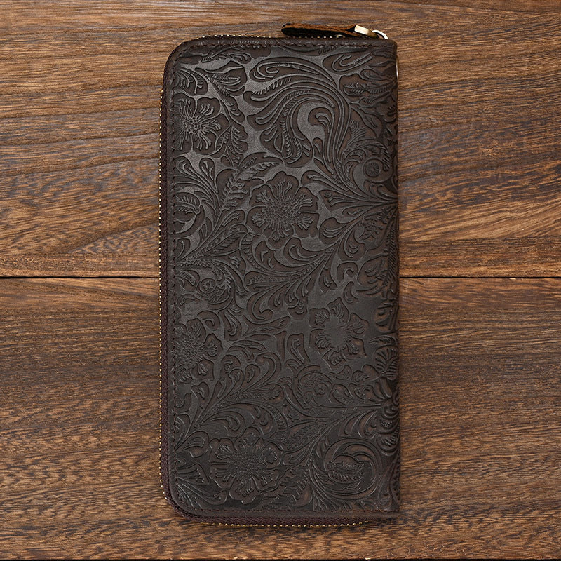 Men&#39;s Crazy Horse Leather Retro Embossing Fashion Long Wallet