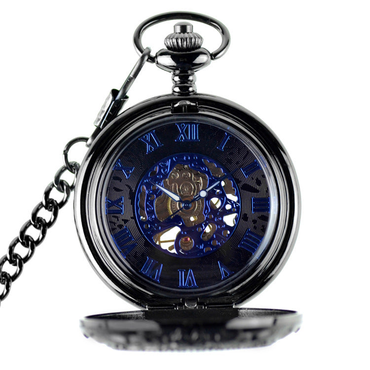 Gear Gun Black Mechanical Pocket Watch Vintage Flip Denim Chain Hollow Pocket Watch Men&#39;s And Ladies&#39; Watches