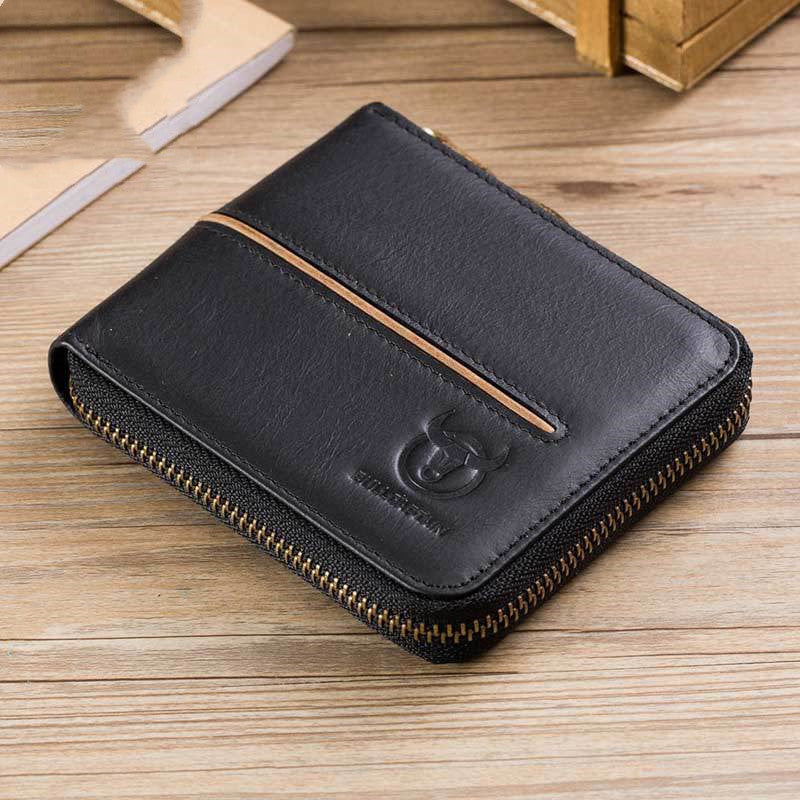 Genuine Leather Men&#39;s Horizontal Multi-card Zipper