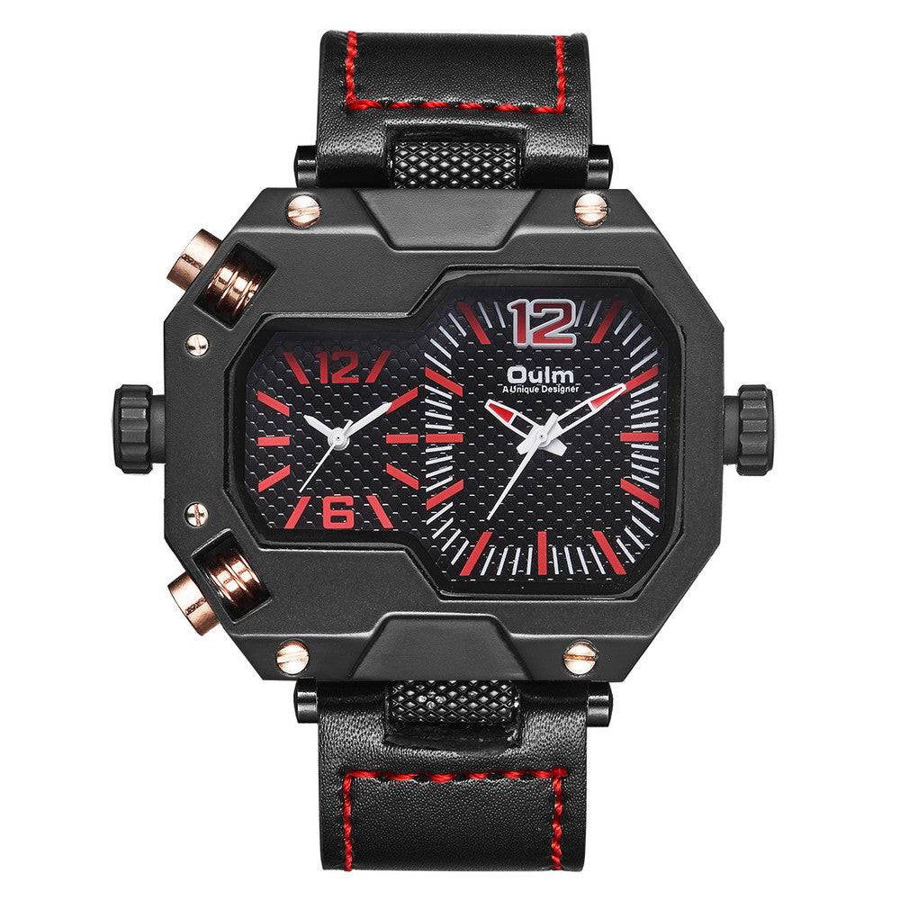 Men&#39;s Casual Quartz Belt Watch Dual Time Zone Large Dial