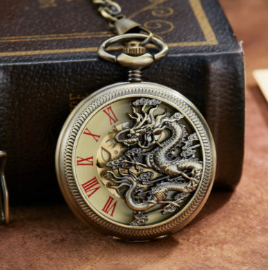 Pocket Watch Men&#39;s Flying Dragon Clamshell Hollow Roman Scale Pocket Watch