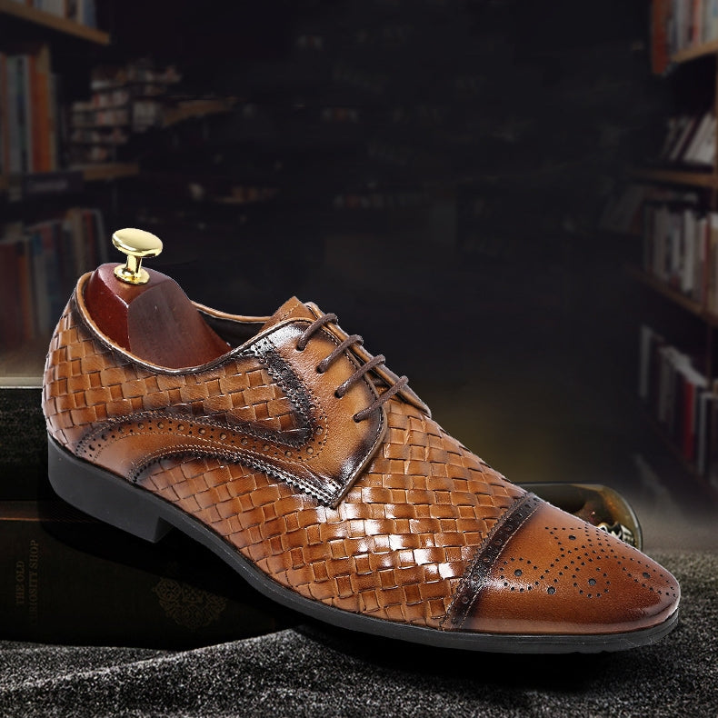 Men&#39;s New British Woven Pointed Business Leather Shoes