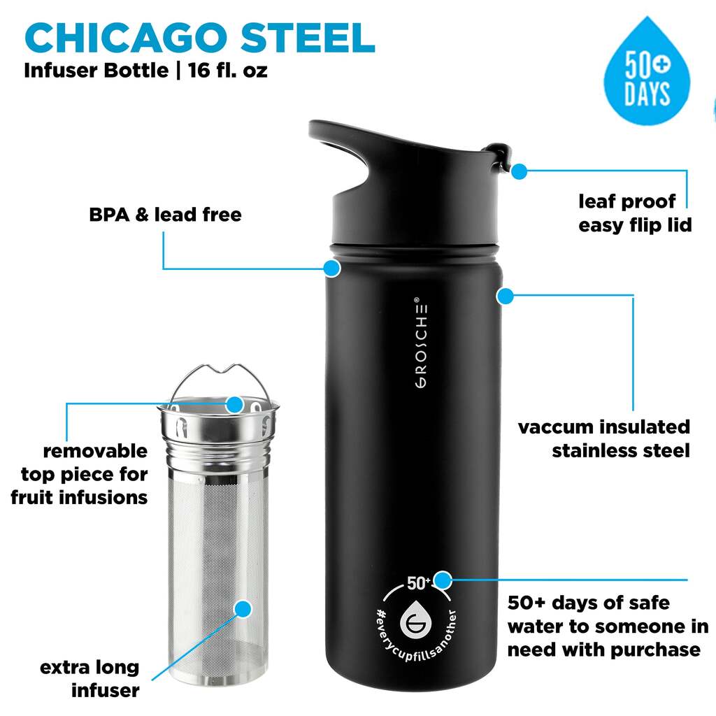 Tea Infuser Bottle: CHICAGO STEEL (Charcoal) 16 fl. oz