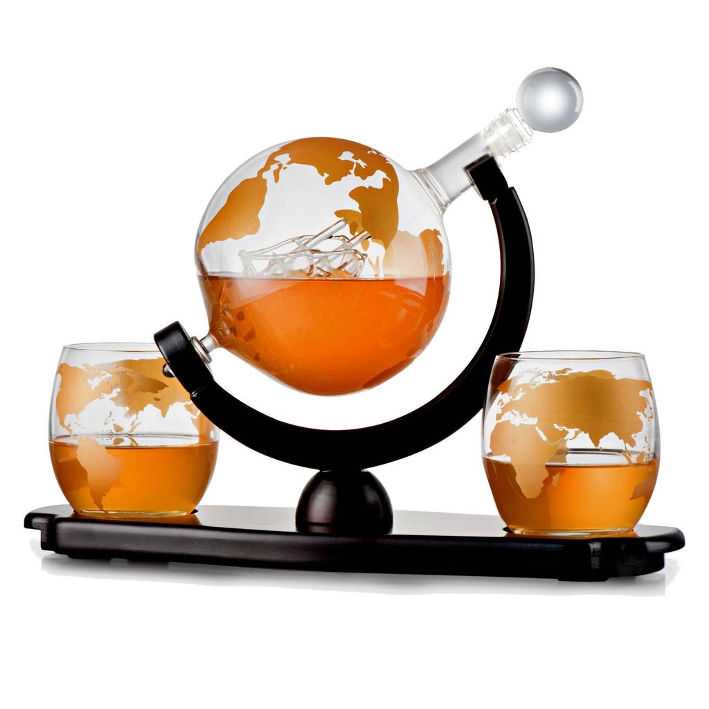 Whiskey Decanter Globe Set - 2 10 oz Gold Etched Globe Glass