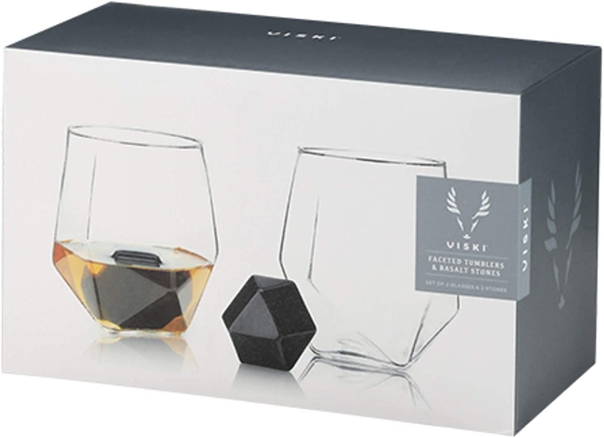 4-Piece Faceted Tumbler &amp; Hexagonal Basalt Stone Set by Visk