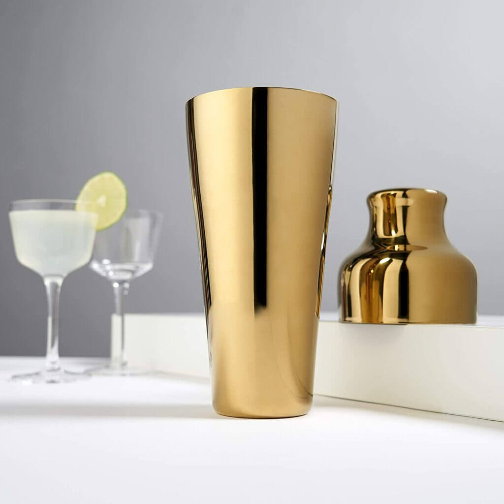 Viski Parisian Cocktail Shaker Set, 25 oz Gold Plated Stainless Steel Shaker With Strainer