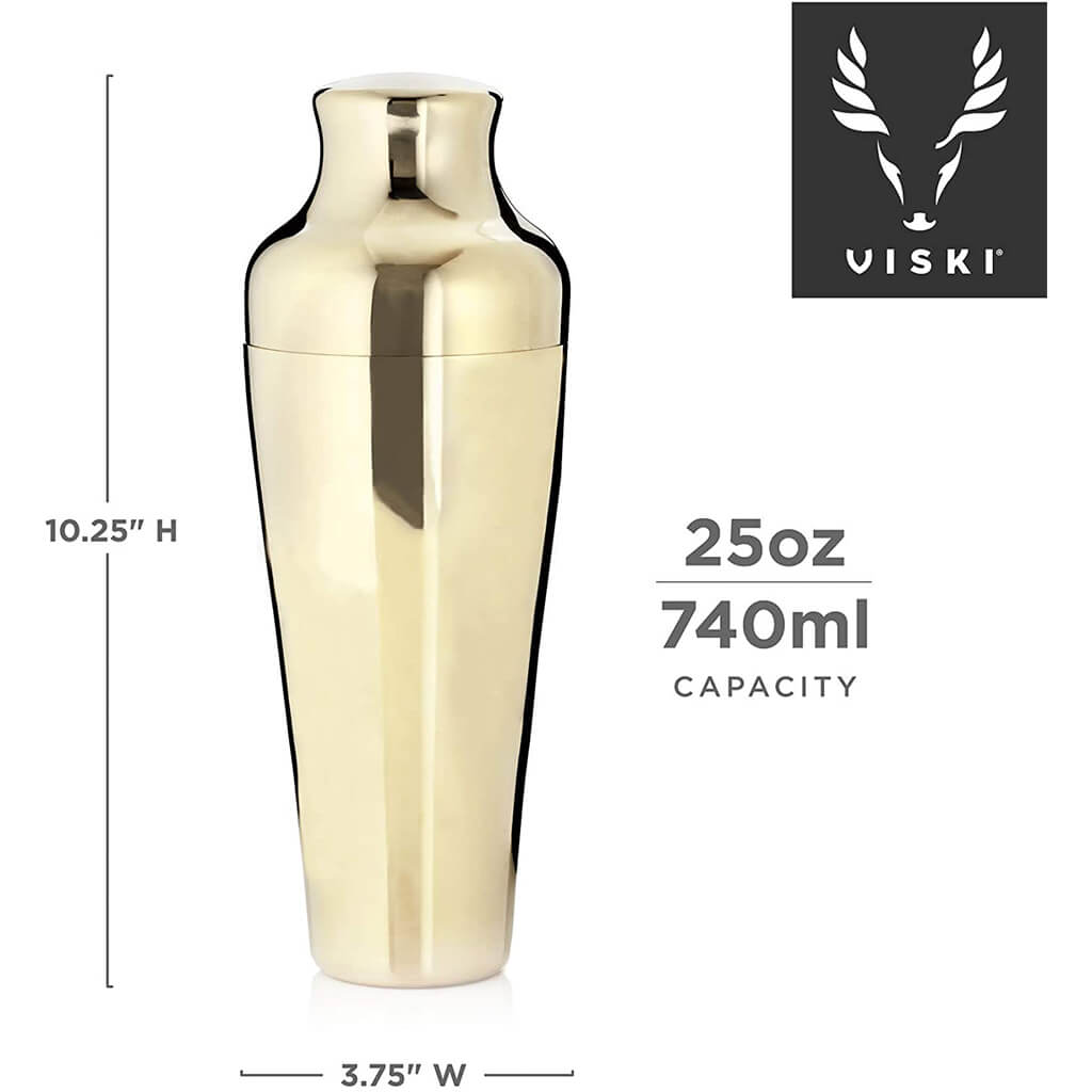 Viski Parisian Cocktail Shaker Set, 25 oz Gold Plated Stainless Steel Shaker With Strainer