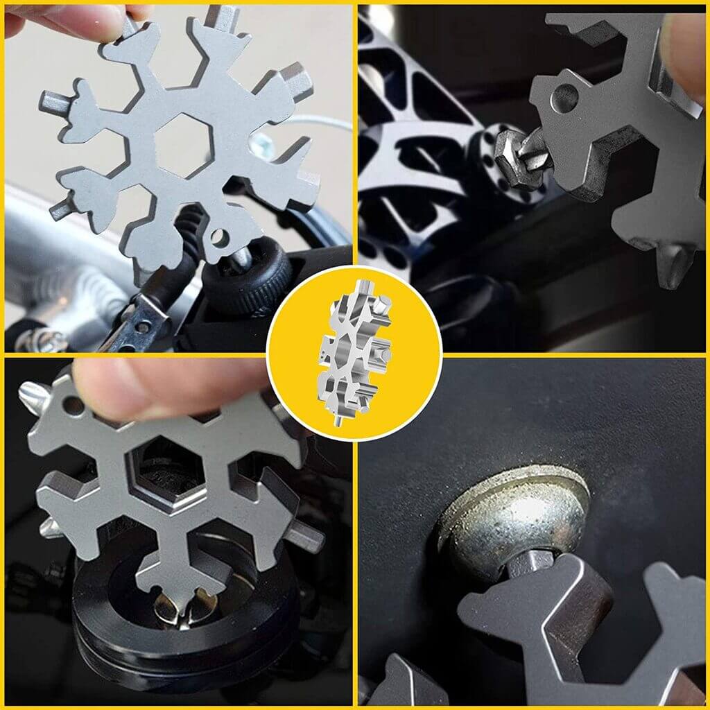 Snowflake Multi-Tool, 18-in-1 Snowflake Tool Stainless Steel with a Gift Bag, a Key Ring and a Carabiner Clip (Silver)