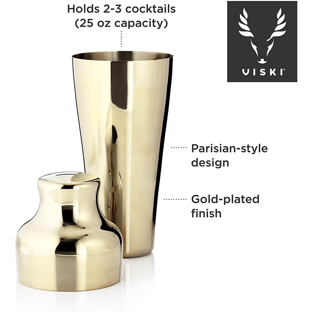 Viski Parisian Cocktail Shaker Set, 25 oz Gold Plated Stainless Steel Shaker With Strainer